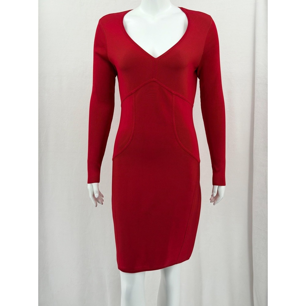 Ted Baker Dress Womens 3 US 8 Red Aspin Knit Bodycon Long Sleeve V-Neck Cocktail